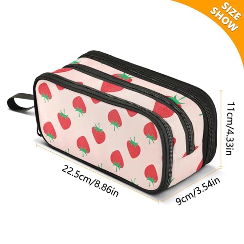 Image of Pencil Case Big Capacity Strawberry Fruit Handheld 3 Compartments Pencil Pouch Portable Large Storage Canvas Pencil Bag for Boys Girls Adults Students