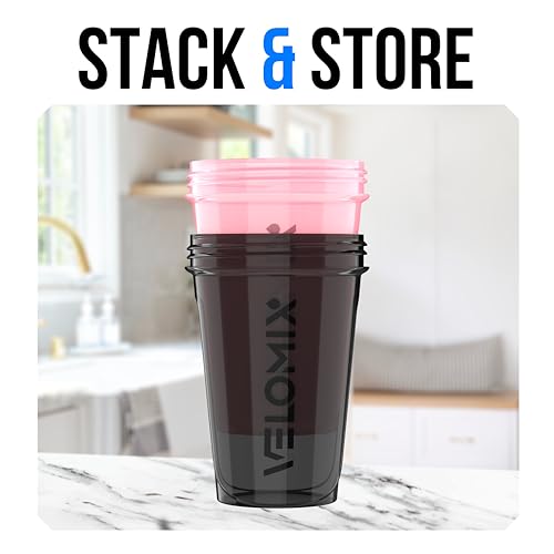 Image of VELOMIX -2 Pack- 20 oz Protein Shaker Bottles for Protein Mixes - 2x Wire Whisk | Leak Proof Shaker Cups for Protein Shakes and Pre Workout | Protein Shaker Bottle Pack (A7) Pink /Black