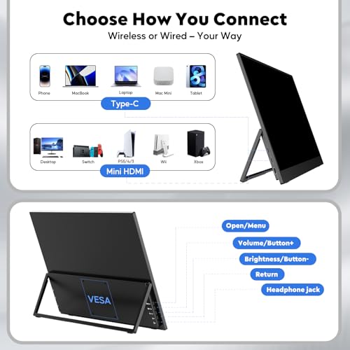 Image of 16 inch 2.5K Wireless Portable Monitor with Battery 8000mAh, 500 Nits HDR Display, 125% sRGB, USB-C / Mini HDMI External Travel Monitor, Auto Rotation, VESA Compatible for MacBook, iPhone, iPad, Windows