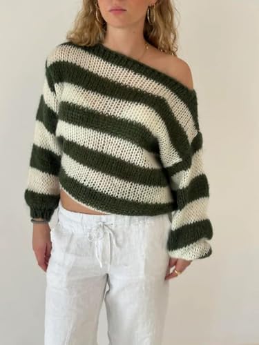 Image of Cioatin Women Long Sleeve Lightweight Striped Colorblock Knit Sweater Pullover Oversized Sheer Off Shoulder Shirt Tops Green