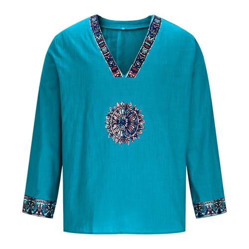 Xiaojmake Men's Henley Shirt Long Sleeve African Print Embroidered Gauze Shirts Casual V Neck Cotton Linen Beach Hippie Shirt3