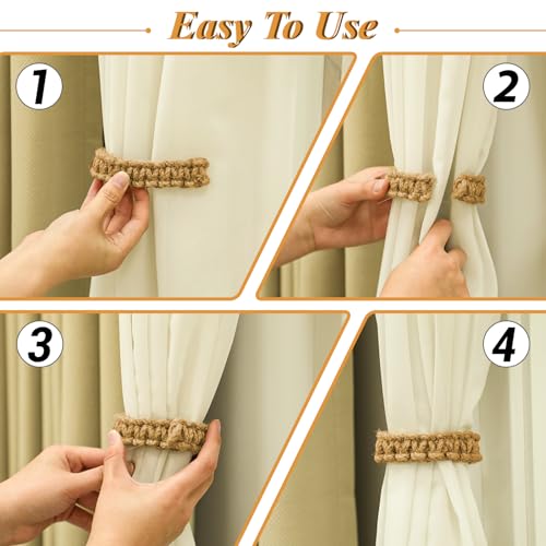 Ptwola Paquete de 2 alzapaños trenzados para cortinas, estilo bohemio, cuerda de cáñamo, elegante, soporte para cortinas rústicas, accesorios de gancho, sin taladro, para el hogar, al aire libre, - imagen 4
