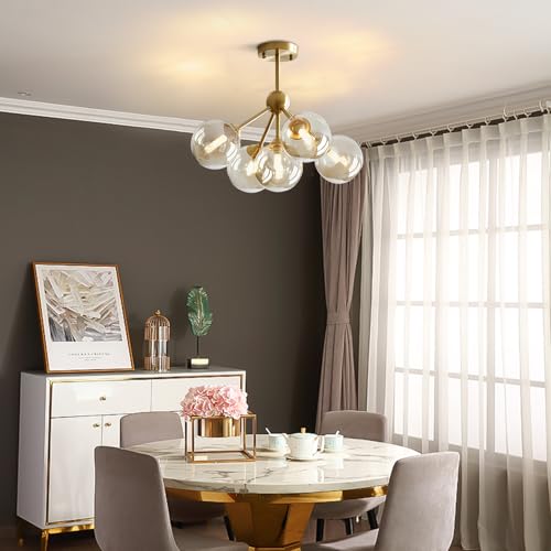 Image of KCO Lighting 5-Light Amber Glass Globe Chandelier Brush Gold Semi Flush Mount Ceiling Light Mid-Century Modern Close to Ceiling Light for Living Room Bedroom Foyer (5-Light)