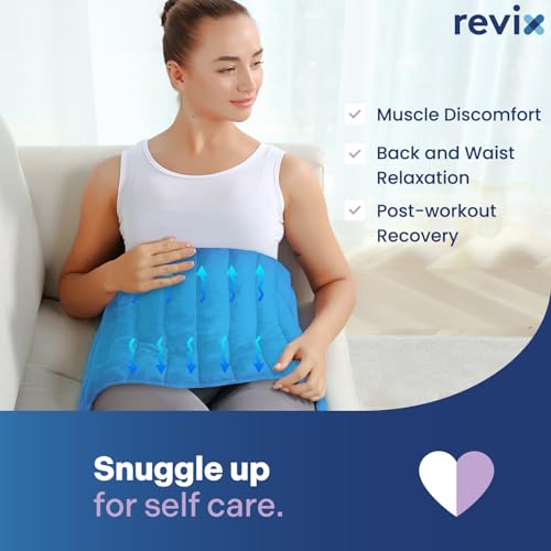 Image of REVIX Extra Large Microwavable Heating Pad for Back Comfort, Weighted Moist Heat Wrap with Flaxseed and Clay Beads, Reusable Hot and Cold Care for Neck, Shoulders, and Muscles, Blue