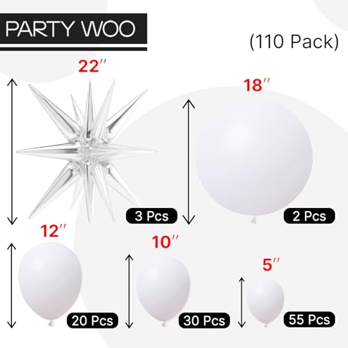 Image of PartyWoo White Star Balloons 110pcs Different Sizes 18 12 10 5 Inch Pack 22 Inch White Spike Star Explosion Foil Mylar Balloon Arch Kit for Birthday Engagement Party Decorations White-Y13
