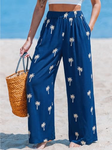 Image of CUPSHE Women's Wide Leg Beach Pants - Tropical Floral with Pockets Plus Size Casual Flowy Vacation Bottoms