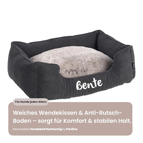 Mainely Personalisierbares Hundebett Fahra Rechteckig 100×80×25 cm (L) Dunkelgrau – weiches Bett mit Wendekissen & Rutschfester Unterseite – für große Hunde – personalisiert mit Namen – Petslino