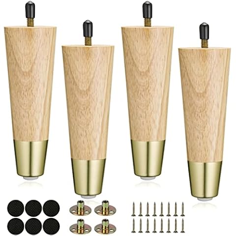 MixDora 4Pcs Wooden Furniture Legs with Brass Base Modern Round Solid Sofa legs Furniture Replacement Legs for Couch Cabinet Bed Chair Wardrobe Cover