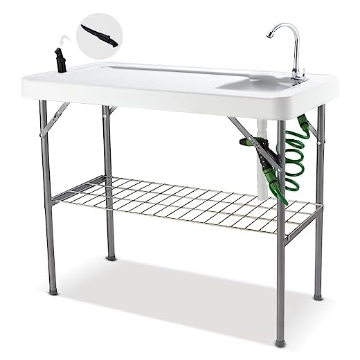 Hupmad 37" Folding Fish Cleaning Table w/Faucet & Sink, Outdoor Portable Fillet Station w/Grid Frame, Knife & Standard Garden Spray Nozzle, Multifunctional Washing Table for Camping or Kitchen, Grey