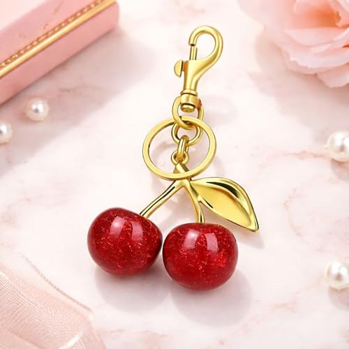 Image of Cherry Keychain with Gold-Tone Keyring and Safety Snap Hook, Red Cherry Charm Design