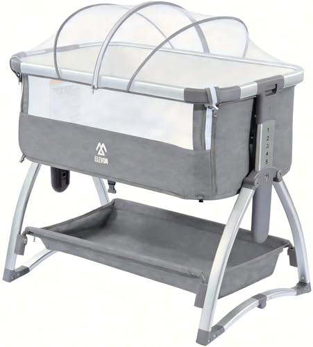 Elevon Bedside Bassinet, 4-in-1 Baby Bedside Sleeper with Rocking Mode, Breathable Mesh, Built-in Wheels, Adjustable 7 Heights, Portable Infant Bassinet with Mattress and Storage