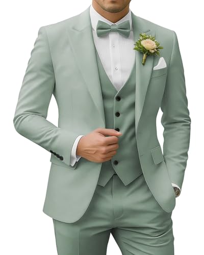 SPTALLFITJSV Dusty Green Mens Wedding Suits Slim Fit 3 Piece Suit for Men 2 Button Blazer Jacket Vest Pants Men Tuxedo Suit Set Medium