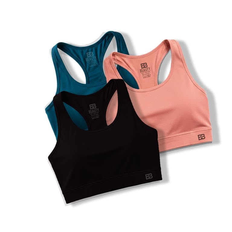 Image of BOLD & BEAUTY Women Cotton Blend Sports Bra with U-Neck, Racerback Style and Regular Straps for Workout, Yoga & Training (Pack of 3)