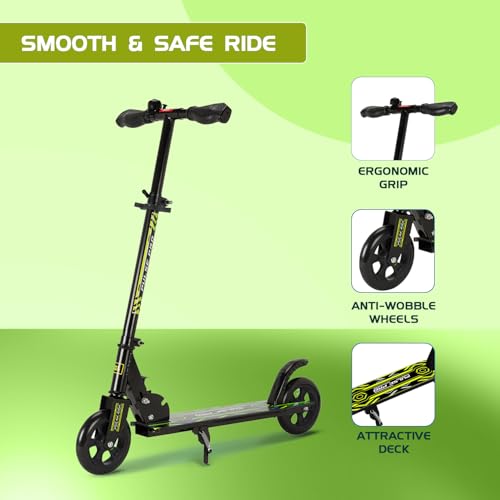 Image of Amazon Brand - Jam & Honey Kick Scooter | Foldable 2-Wheel Design with Rear Brake | 3-Height Adjustable Handlebar | BIS Certified | 50 kg Max Load | Neon Green | Ages 6-13 Years