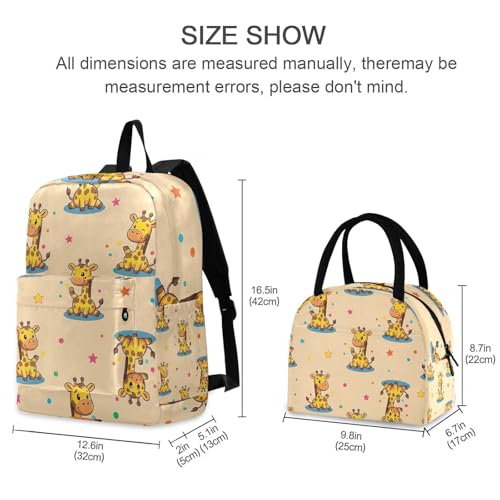 Backpack and Lunchbox, Cute Giraffes Beige Girls Bookbags with Lunch Box, Backpacks for Middle School Students2
