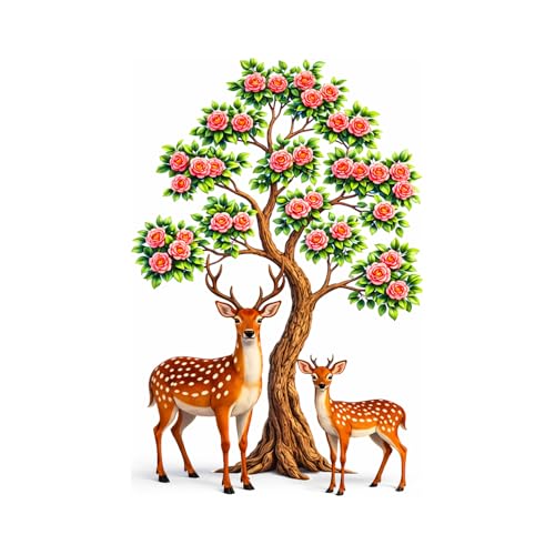 Image of Rangoli Deer Wall Sticker 16 x 24 Inch Tree & Flower Self Adhesive Wall Decor for Living Room Bedroom Kids Room Nature Theme Wall Art