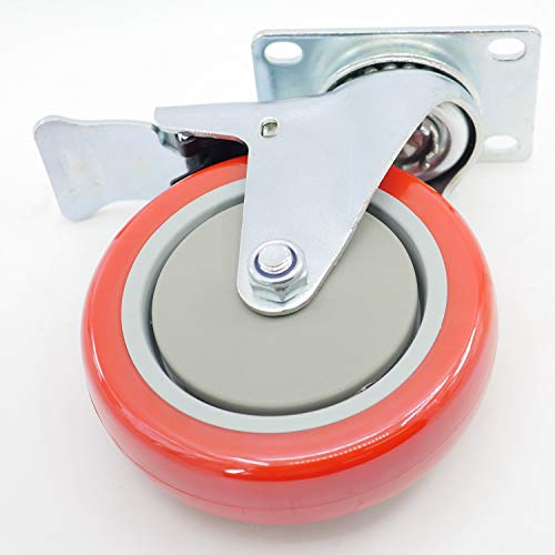 Casoter 5" Red Swivel W/Safety Dual Locking Caster, Top Plate Installation Metal Double Lock Brake Pu On Pp Wheel, Double Ball Bearing Smooth Quite Sturdy And Heavy Duty 1400Lbs Load Capacity 4-Pack #TOP4