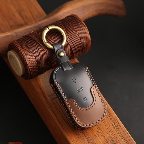 Image of Keyzone Dual Leather Key Cover for Thar, Scorpio, Bolero, XUV700, XUV400, XUV300, TUV300, Marazzo 3 Button flip Key (Push Button Start Models only) (Black-Brown)