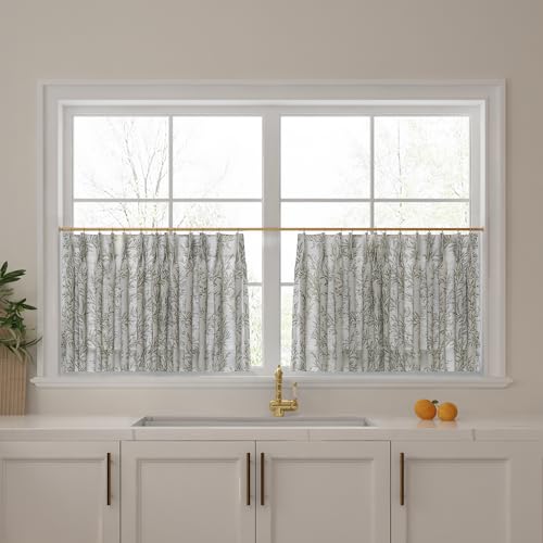 TWOPAGES Pinch Pleat Cafe Curtains 36 Inch Long Printed Half Window Curtains for Bathroom (Dove Grey, 52W x 36L Inches, Set of 2)