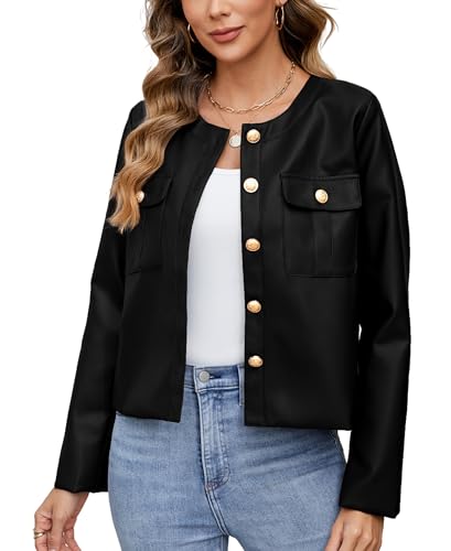 Ladyful Womens Crop Faux Leather Bomber Jacket Oversized Collarless Going Out Pu Moto Coat