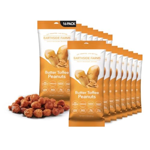 Image of Earthside Farms Butter Toffee Peanuts, 16 Count 1oz Single Serve Snack Packs, No Sugar Added, Keto Friendly, Vegan, Gluten Free, Non GMO, Low Carb, High Protein, Candied Peanuts Snack.