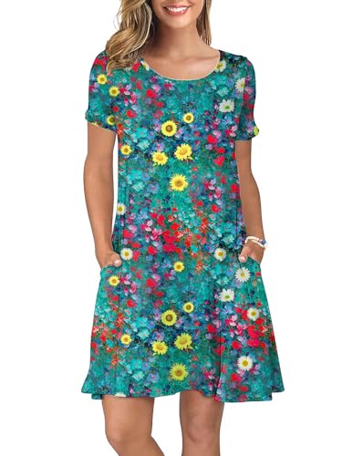 Image of KORSIS Summer Women's Dress Casual T-Shirt Short Sleeve Dresses Swing Flowy Beach Vacation Work Sundress with Pockets