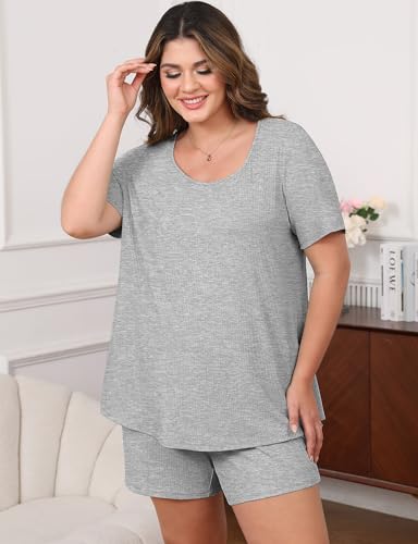 Image of Womens Plus Size Pajama Sets 2 Piece Summer Outfits Short Sleeve Tops Shorts with Pockets for Lounge Sleepwear