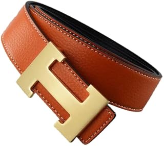 Mens and Women Leather Belt Letter H Button Smooth Youth Fashion Romantic Temperament Male Female Versatile Casual Trouser Belt (Gold H Buckle, 105cm, orange strap)