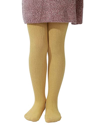 Image of Paralinda Girls' Cotton Tights - Toddler Cable Knit Footed Tights (Pattern A Yellow, 6-12M)