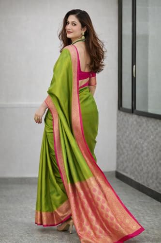 Image of Women's Glory Banarasi Satin Silk Saree with Rich Zari Woven Border & Pallu | Soft Glossy Party Fancy Traditional Saree for Wedding, Festive, Function | Blouse Piece Included