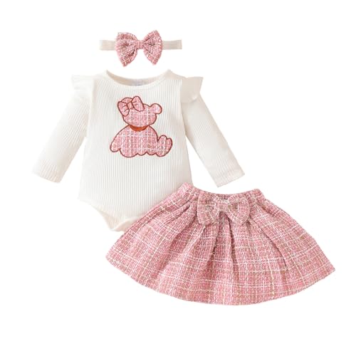 Image of VISGOGO Newborn Infant Baby Girls Skirt Outfits Bear Embroidery Long Sleeve Romper Tweed Mini Skirt Bow Heaband (Pink, 0-3 Months)