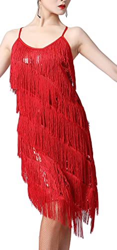 Image of Women 1920s Gatsby Flapper Dress Sexy Open Back Strap Fringed Cocktail Party Dress with 20s Accessories