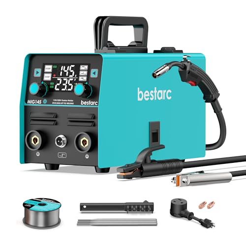 bestarc 145A MIG Welder, 110V/220V Gasless Flux Core MIG Welder/Lift TIG/Stick 3 in 1 Synergic MIG145 5GEN Welding Machine, Portable Flux Welder with Digital Screen Display