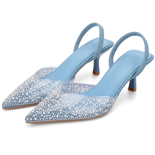 Image of YIYA Women's Clear Slingback Heels with Pearl Studded Pointed Toe Kitten Mid Heels Sparkly Rhinestone Slip On Wedding Party Shoes