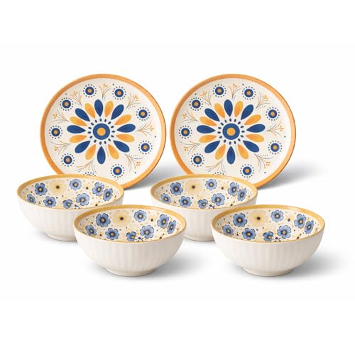 Image of Bohemian Porcelain Dinnerware Set of 6-2 Mandala Dinner Plates & 4 Flora Soup Bowls - Microwave & Dishwasher Safe Ceramic Serving Set - Lead-Free, Scratch-Resistant (Blue & Yellow)