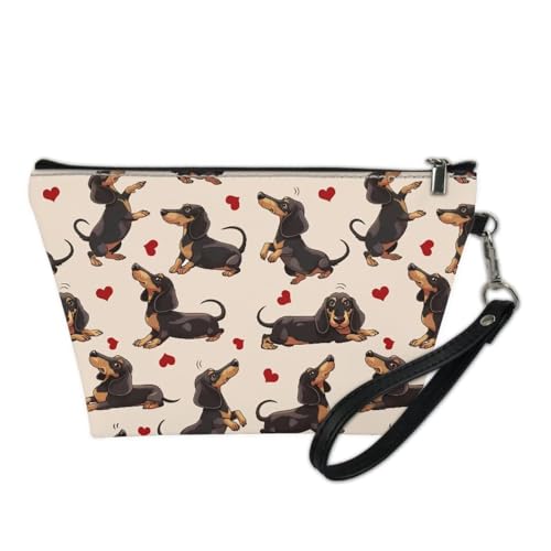 Jeiento Kosmetiktasche für Damen, tragbar, klein, Make-up-Tasche, Kulturbeutel, Organizer, PU-Leder, Dackel-Hunde-Liebesherz, L
