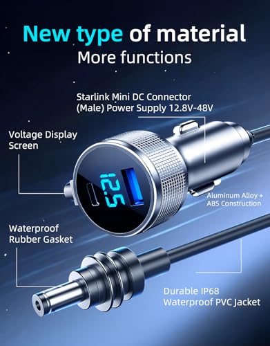 Image of Starlink Mini Cable, 3 in 1 Starlink Mini Car Adapter DC Power Cable and Cigarette Lighter Adapter 12V-48V with Voltage Display, Durable USB-C PD 45W and USB-A 35W Ports,Suitable for Cars(16.4FT)