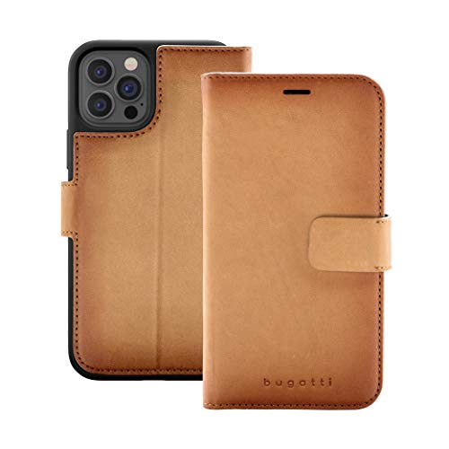 Bugatti Burnished Telefoonhoesje Compatibel met iPhone 12 Hoesje, iPhone 12 Pro Hoesje, 6.1 Inch, Zurigo Premium Lederen Portemonnee Hoesje en Standaard, Cognac