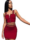 Womens Sexy 2 Pieces Bandage Zipper Crop Tops Bodycon Skirts Party Clubwear Dress Outfit Set, Red, Large