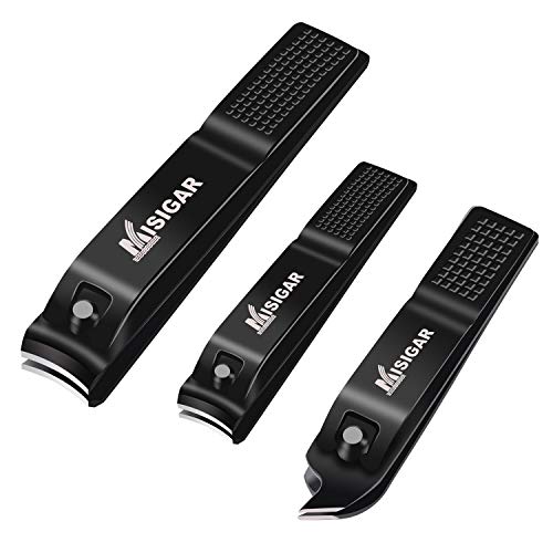 Misigar Nail Clippers Set, Black Stainless Steel Toenail clipper and Slant Edge Nail Cutter, 3PCS Sharp and Durable Nail Trimmer for Men and Women