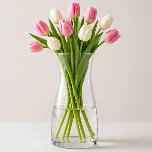 Vzmiza Clear Glass Vase Premium Quality Flower VaseNon-Slip Pad White VaseRustic Home Decor Decorative VaseModern Farmhouse Ideal Shelf Mantle Table & Entryway Decor Transparent 20x9.4x9.4 cm