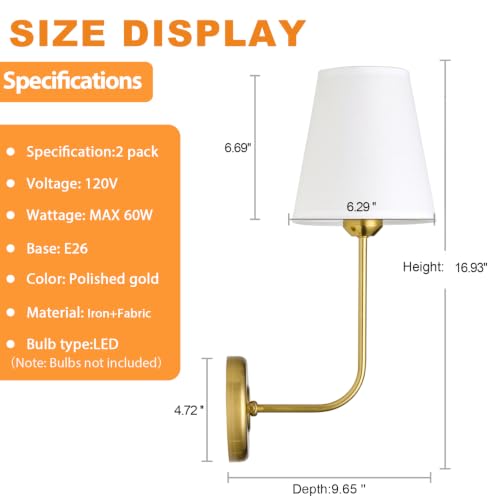 Image of PASSICA Wall Sconces Set of 2, Electroplated Gold Wall Sconces with White Fabric Shade, Hardwired Curved Arm Wall Lighting Fixtures for Bedroom, Bathroom Vanity, Living Room, Hallway, Farmhouse Decor