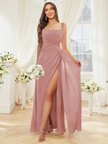 Square Neck Bridesmaid Dresses Long Pleated Chiffon Formal Evening Dress with Slit4