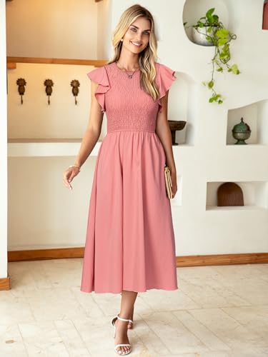 Image of Simplee Womens Striped Midi Summer Dress Linen Smocked Flutter Short Sleeve Dress Flowy Casual Dress with Pockets