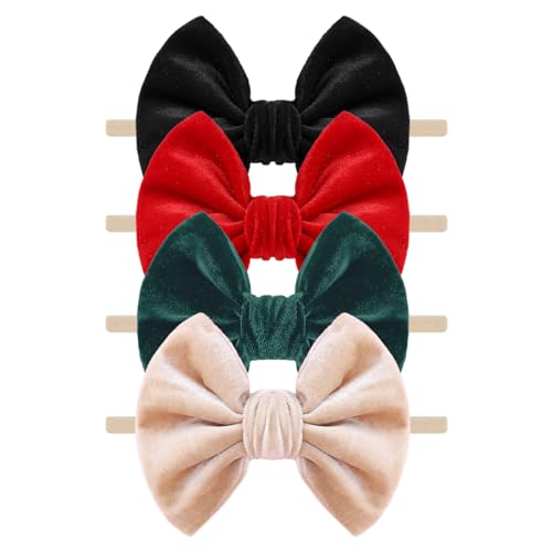 4Pcs Baby Bow Headbands Newborn Infant Toddler Soft Cloth Elastics Bows Hairband Handmade Hair Accessories for Girls Boys (Beige+Dark Green+Red+Black)