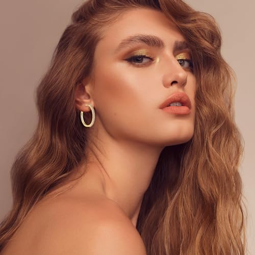 Rhinestone Hoop Earrings，14K Gold Plated Thin Cubic Zirconia Hoops，Sparkling Hoops, Lightweight & Effortlessly Chic, Trendy Jewelry Hoop Earrings for Women (CZ Hoop 32mm)2