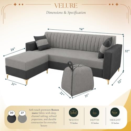 Image of FURNY Signature Regalia 4-Seater L-Shape Sofa Set with Movable Ottoman & Suri Pouf | Flexible LHS /RHS Layout | Boston Fabric | 40D Foam + Zigzag Spring | 3-Yr Warranty (Steel Grey - Light Grey)