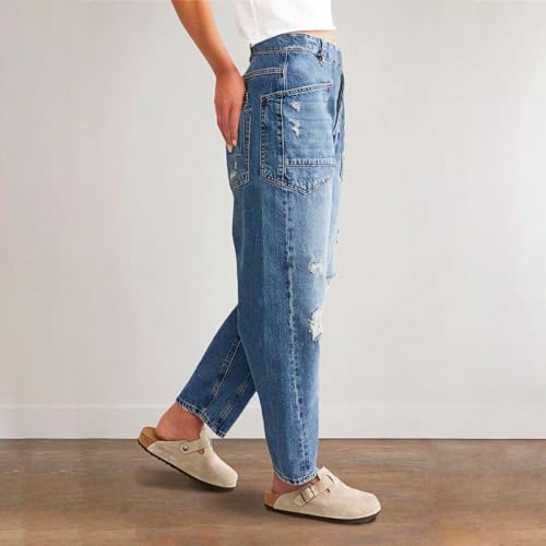 Women Ripped Barrel Jeans Wide Leg Mid Rise Boyfriend Ankle Denim Pants Distressed Baggy Jeans2