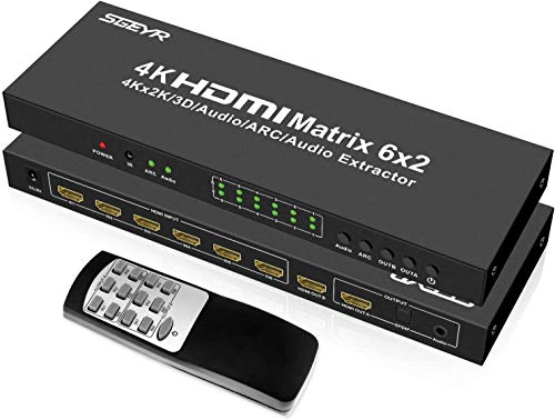 SGEYR HDMI Matrix 6x2 HDMI Matrix Switch Spillter HDMI Matrix 6 Input 2 Output HDMI Switch Audio Extractor SPDIF HDMI Switch Splitter with IR Remote Support ARC 4K@30Hz (HDMI Matrix 6X2)
