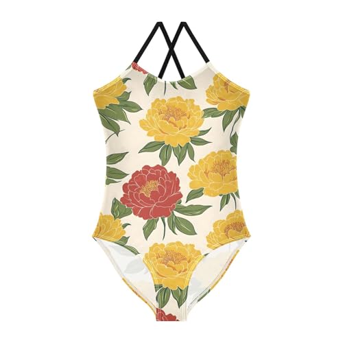 Red and Yellow Flowers Girls One Piece Swimsuits Quick Dry Beach Swimwear Bathing Suit